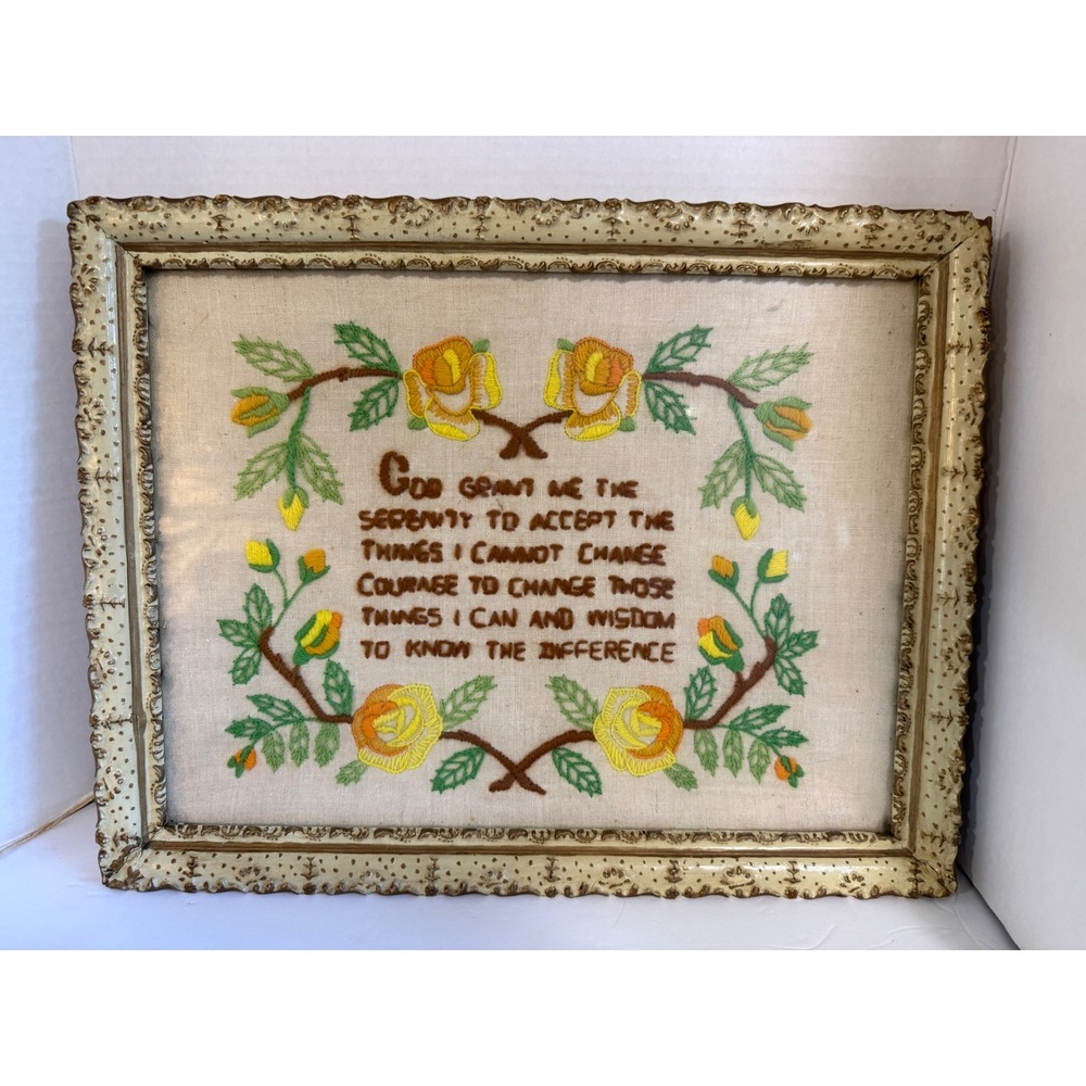 Vintage Serenity Prayer Hand Embroidered Framed Wall Crewel Floral Roses 19x15